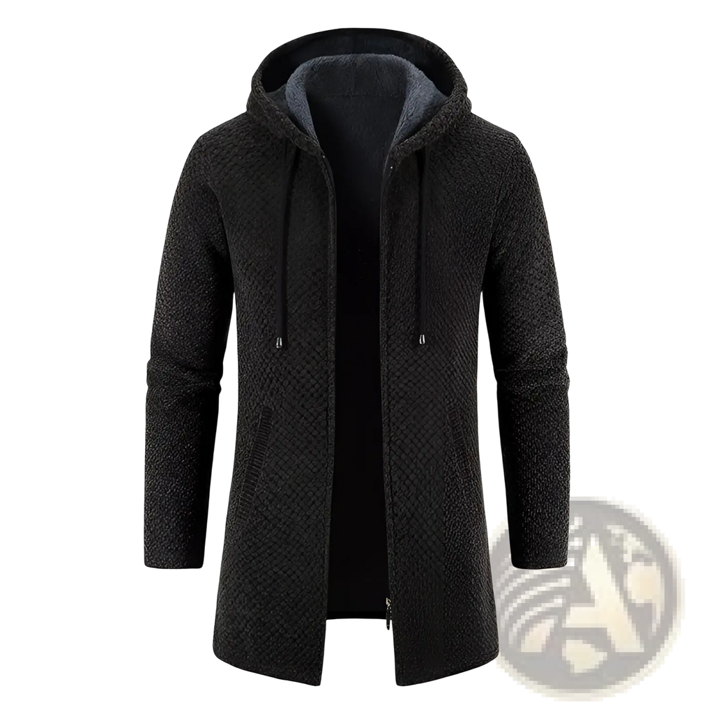 Dark gray thickened plush knit hooded men cardigan coat with textured fabric and drawstrings for added warmth
