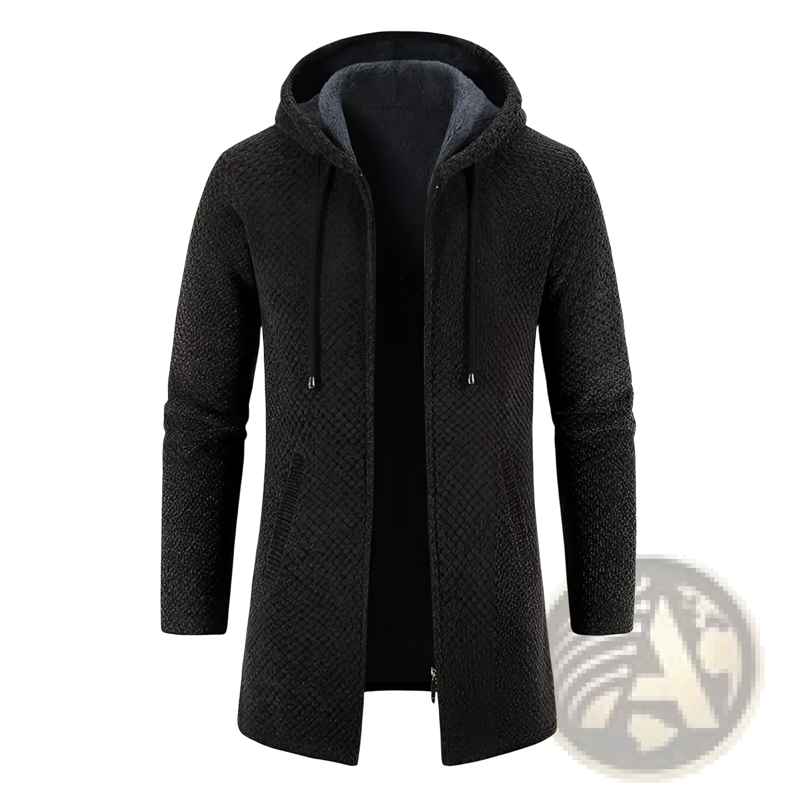 Dark gray thickened plush knit hooded men cardigan coat with textured fabric and drawstrings for added warmth