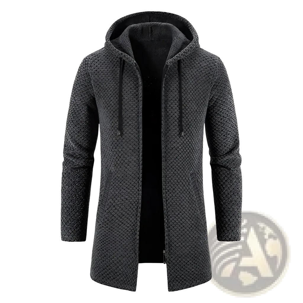 Dark gray thickened plush knit hooded men cardigan coat with zipper front and drawstring hood for warmth and comfort