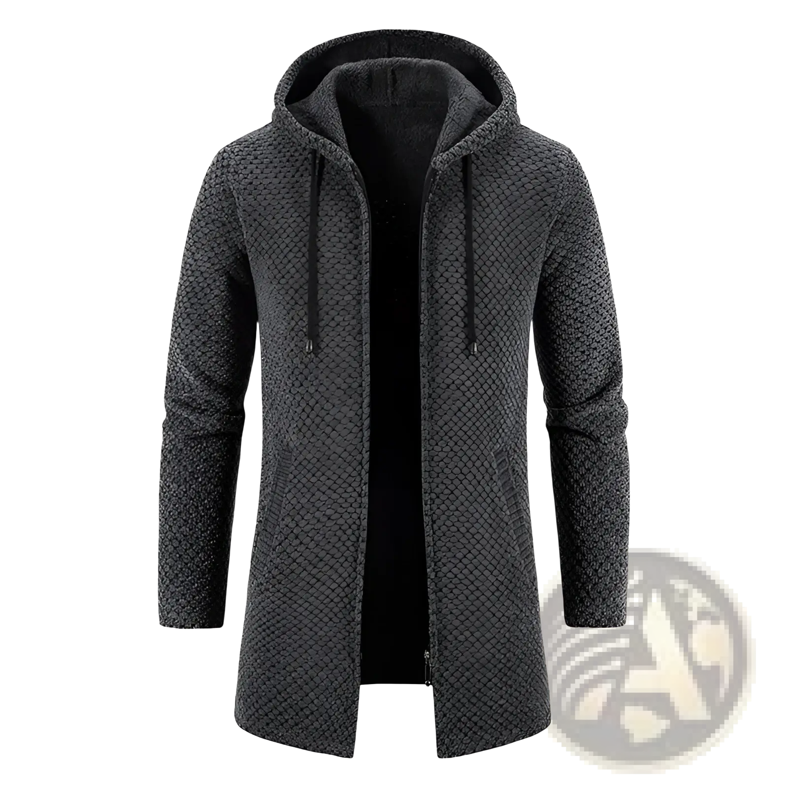 Dark gray thickened plush knit hooded men cardigan coat with zipper front and drawstring hood for warmth and comfort