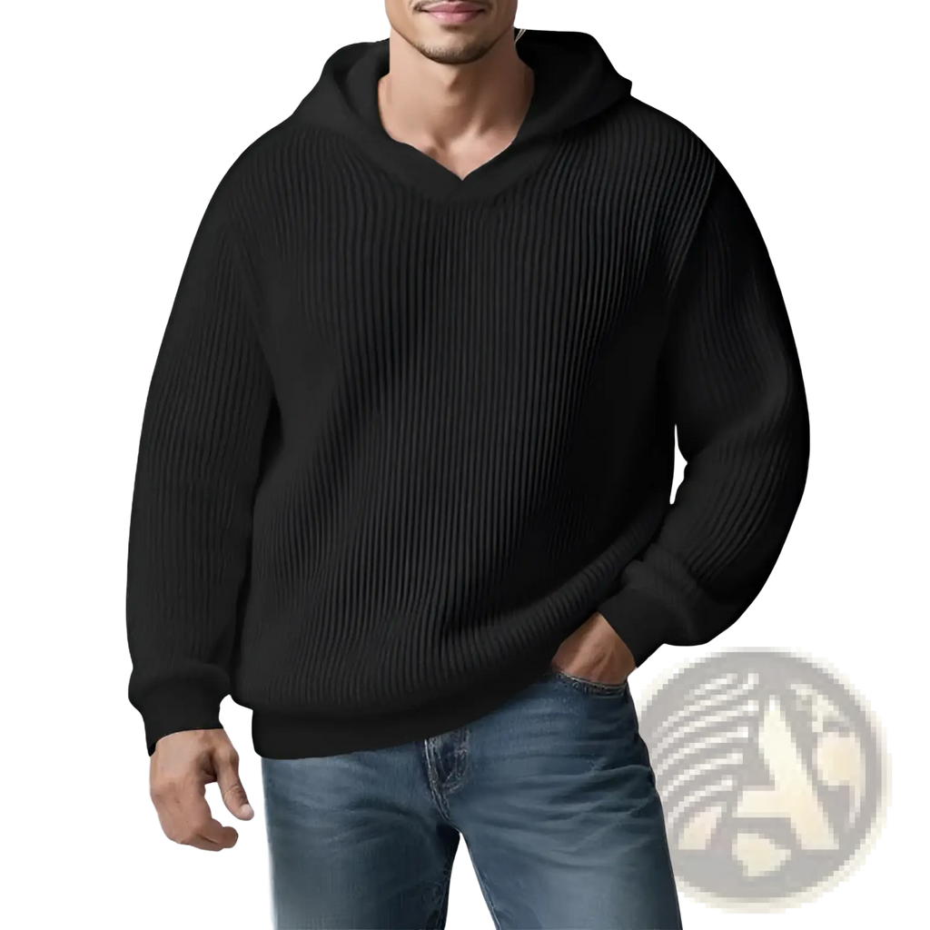 Thickened winter mens black ribbed knit hoodie pullover with v-neck and attached hood for cold weather wear