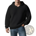 Thickened winter mens black ribbed knit hoodie pullover with v-neck and attached hood for cold weather wear