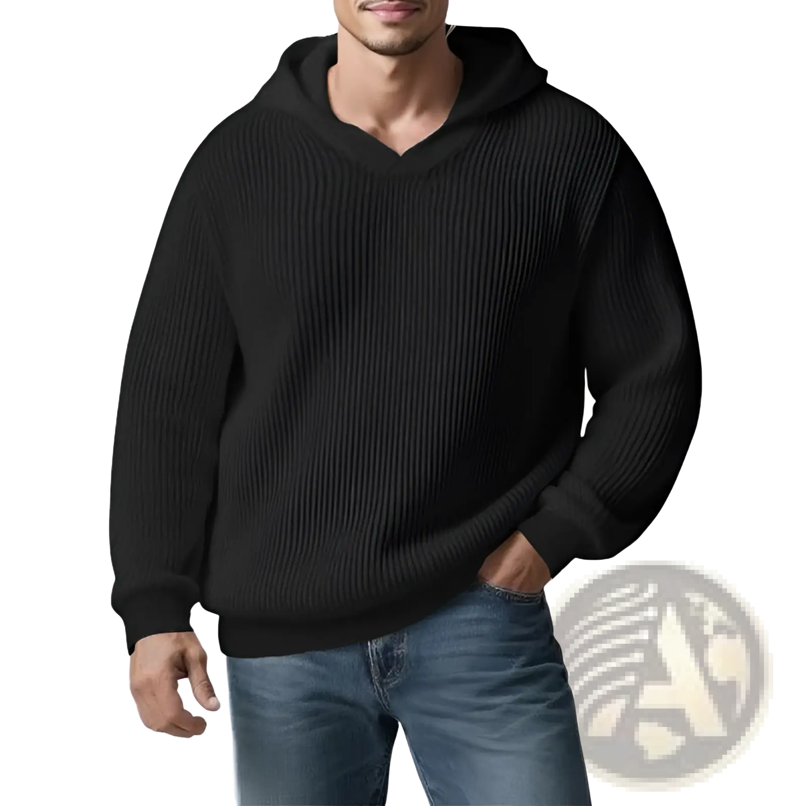 Thickened winter mens black ribbed knit hoodie pullover with v-neck and attached hood for cold weather wear