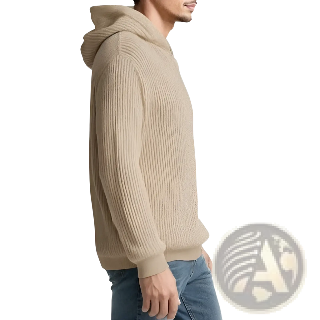 Beige ribbed knit thickened winter mens hooded sweater pullover with a cozy hood and long sleeves for cold weather