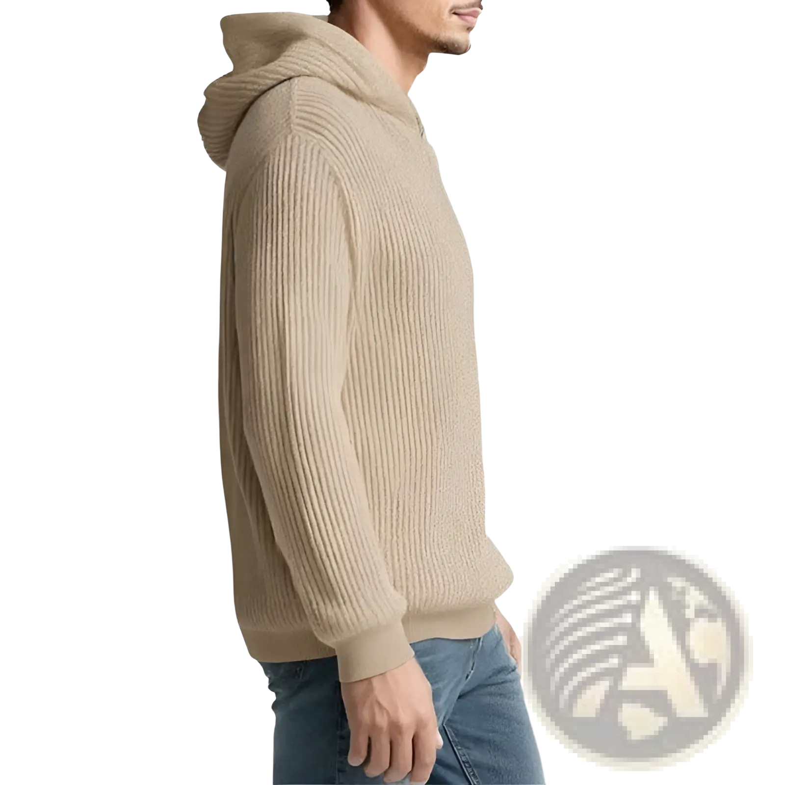 Beige ribbed knit thickened winter mens hooded sweater pullover with a cozy hood and long sleeves for cold weather