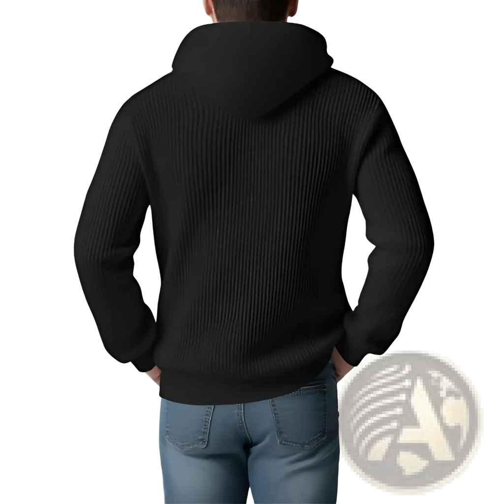 Black ribbed knit thickened winter mens hooded sweater pullover made of warm fabric for cold weather use