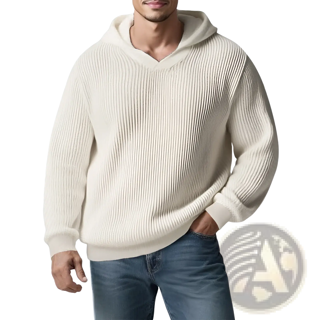 Cream-colored ribbed knit hoodie with cozy oversized fit thickened winter mens hooded sweater pullover