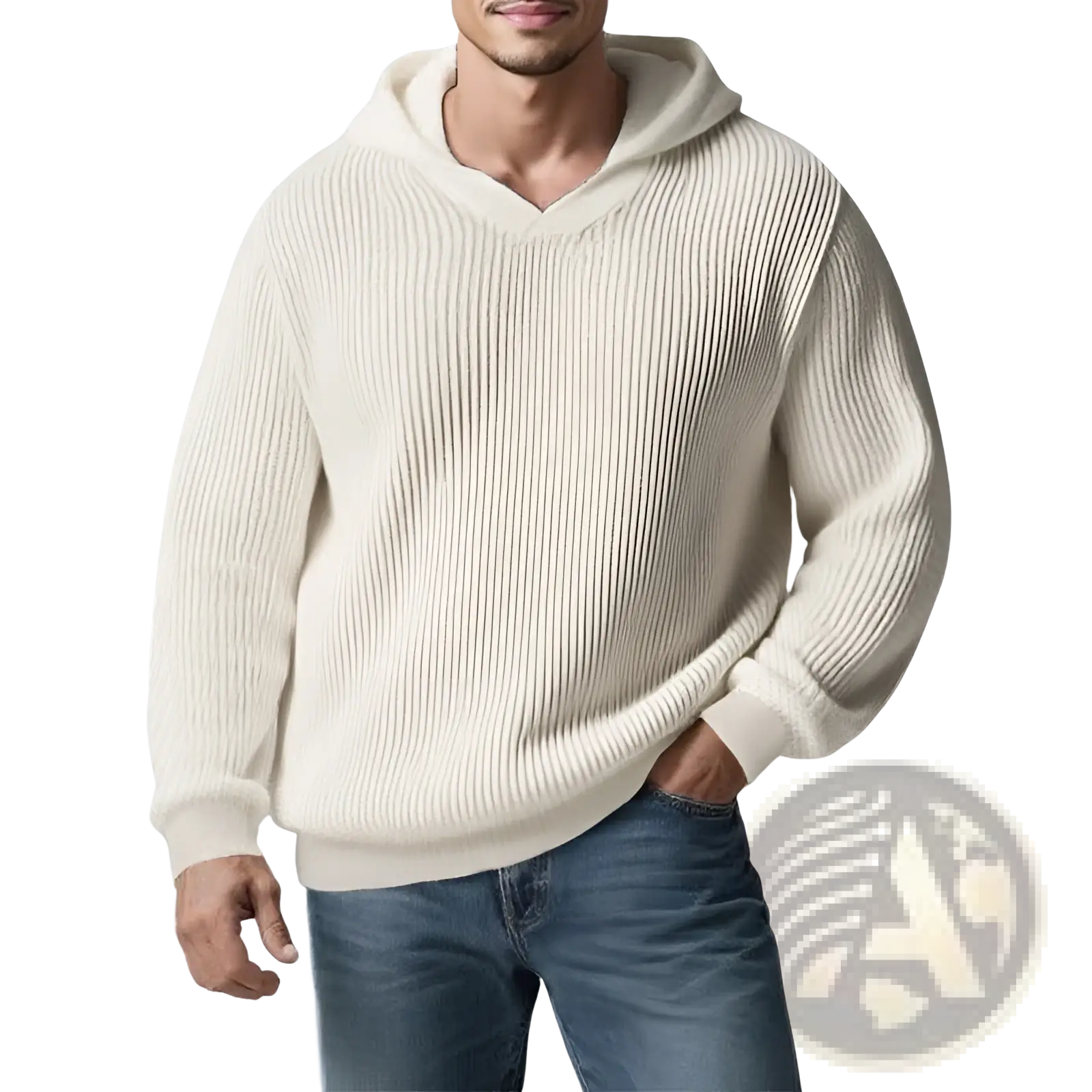 Cream-colored ribbed knit hoodie with cozy oversized fit thickened winter mens hooded sweater pullover