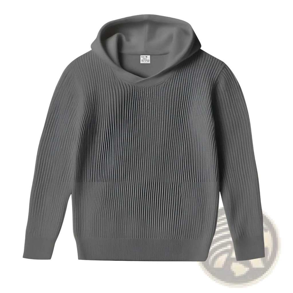 Thickened winter mens hooded sweater pullover in gray ribbed knit with soft textured fabric and a cozy hood