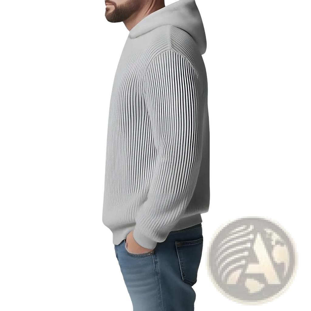 A light gray ribbed knit thickened winter mens hooded sweater pullover with a cozy hood and long sleeves
