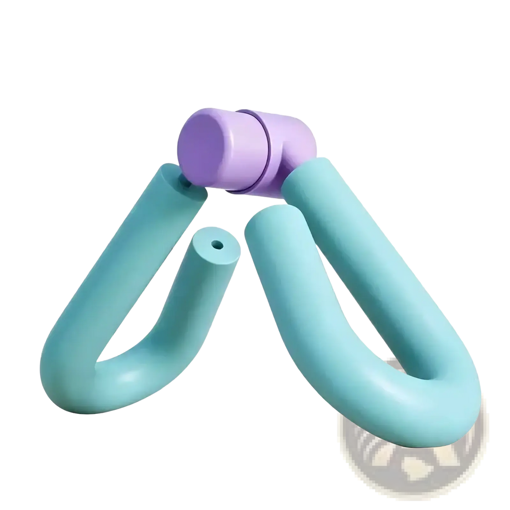 Lavender and teal ergonomic thigh master pelvic floor exerciser with central pivot leg splitter for toning legs
