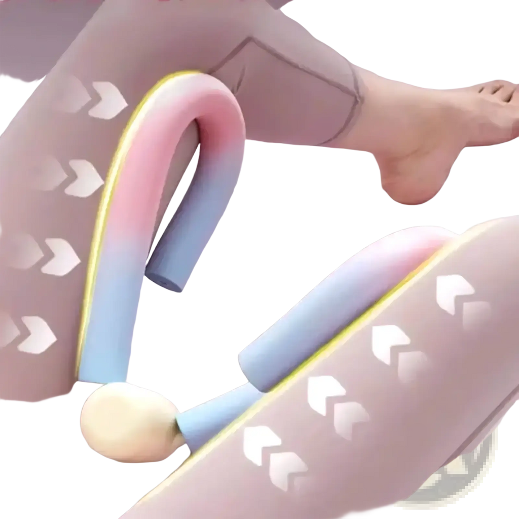 Pastel gradient pink and blue rubberized thigh master pelvic floor exerciser with soft yellow grip end for leg toning