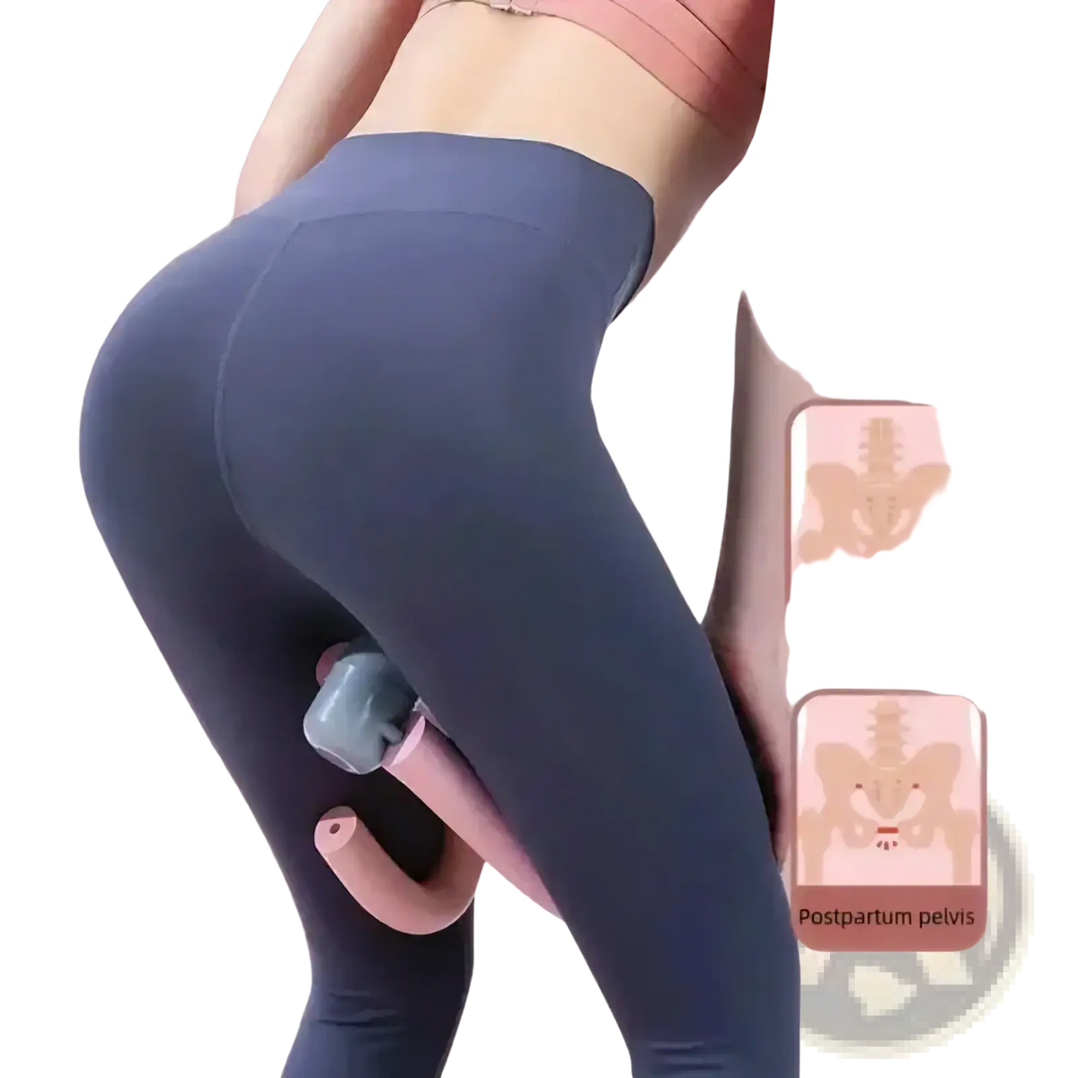 Pink and gray thigh master pelvic floor exerciser with curved handles and weighted grip for leg toning