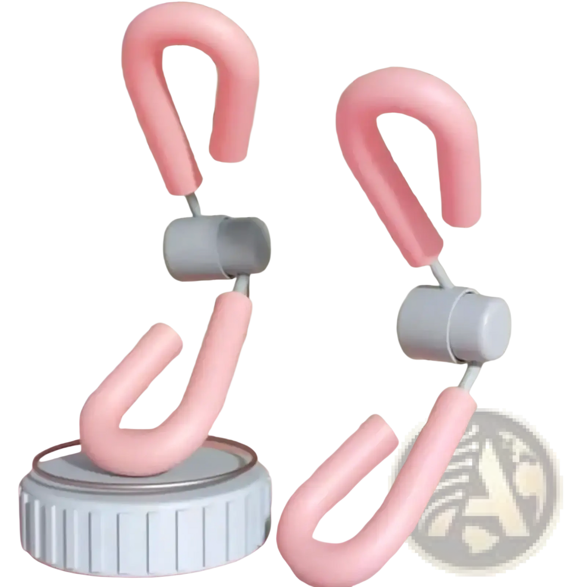 Pink and gray adjustable leg splitter with curved handles for targeted gluteal exercises in thigh master pelvic floor exerciser and leg toner