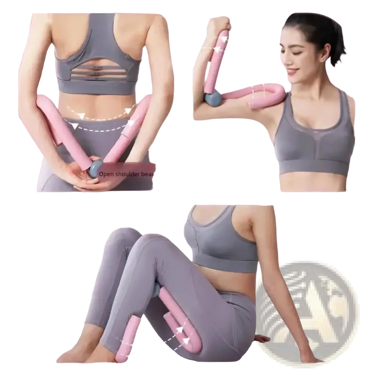Pink plastic thigh master pelvic floor exerciser with blue spherical ends for leg toning and fitness training