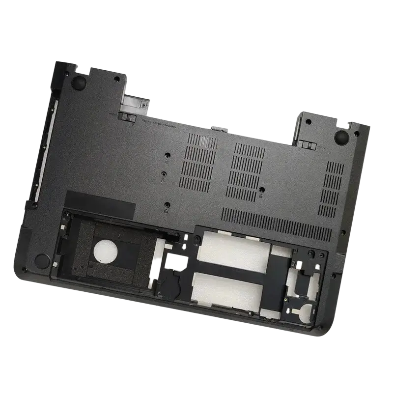 Black plastic thinkpad e570 e570c laptop base with integrated ventilation grilles and cutouts for internal components back side