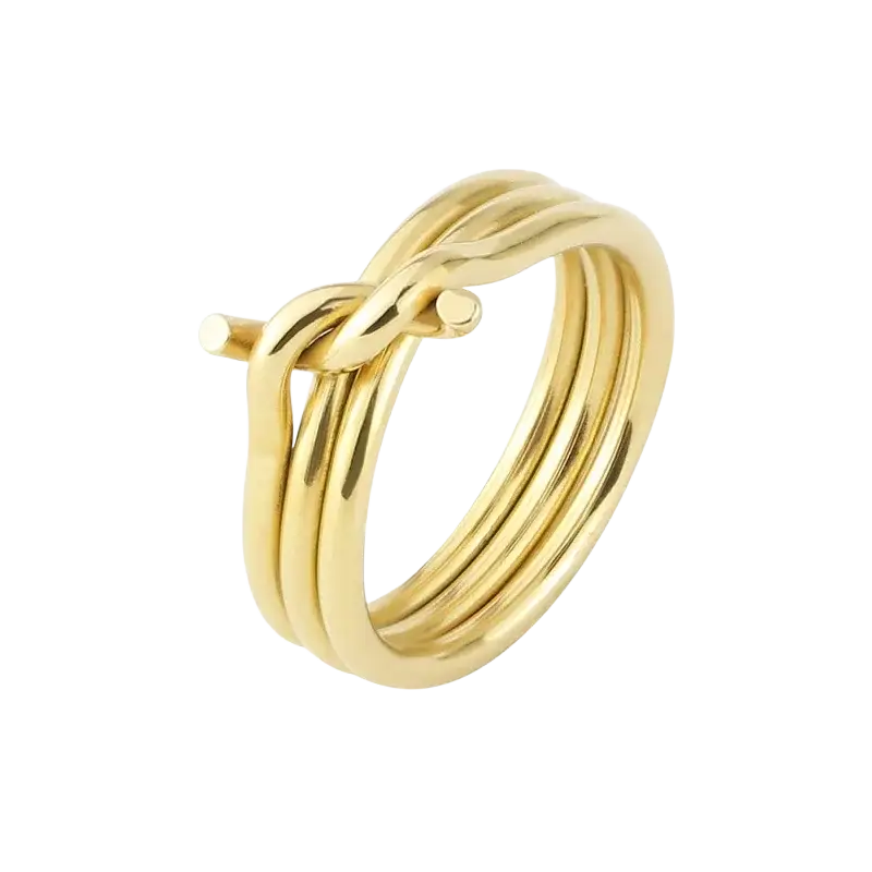 Gold color stainless steel three circles knot ring for women with a twisted knot shape made of interwoven bands