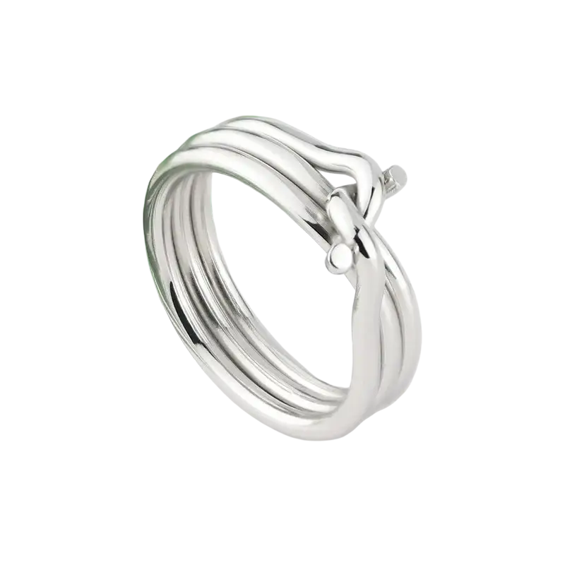 A sleek gold color stainless steel three circles knot ring for women with three overlapping bands and spherical accents