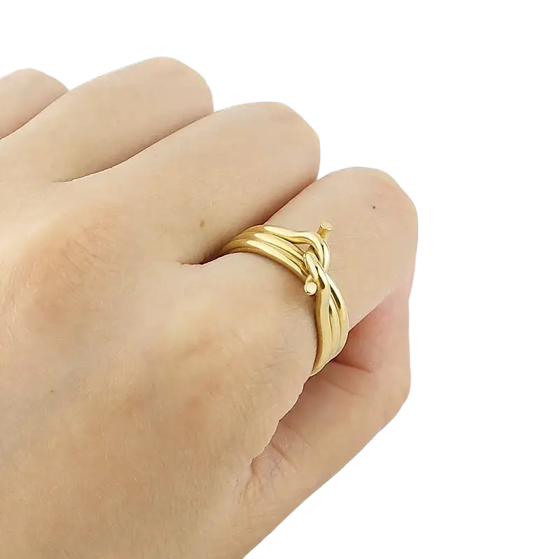 Gold color three circles knot ring in stainless steel with multi-strand knotted design and small spherical accent