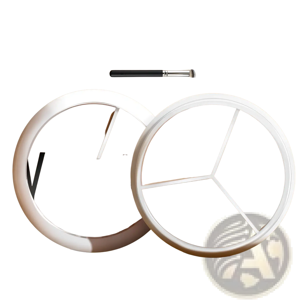 White circular three-color concealer palette with three beige compartments separated by white dividers and pro 270 brush