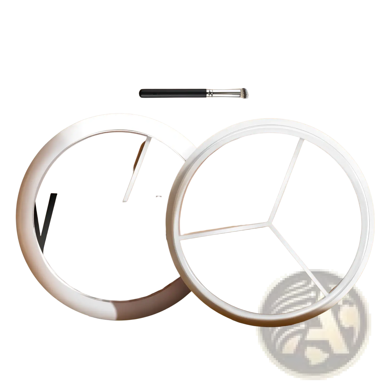 White circular three-color concealer palette with three beige compartments separated by white dividers and pro 270 brush