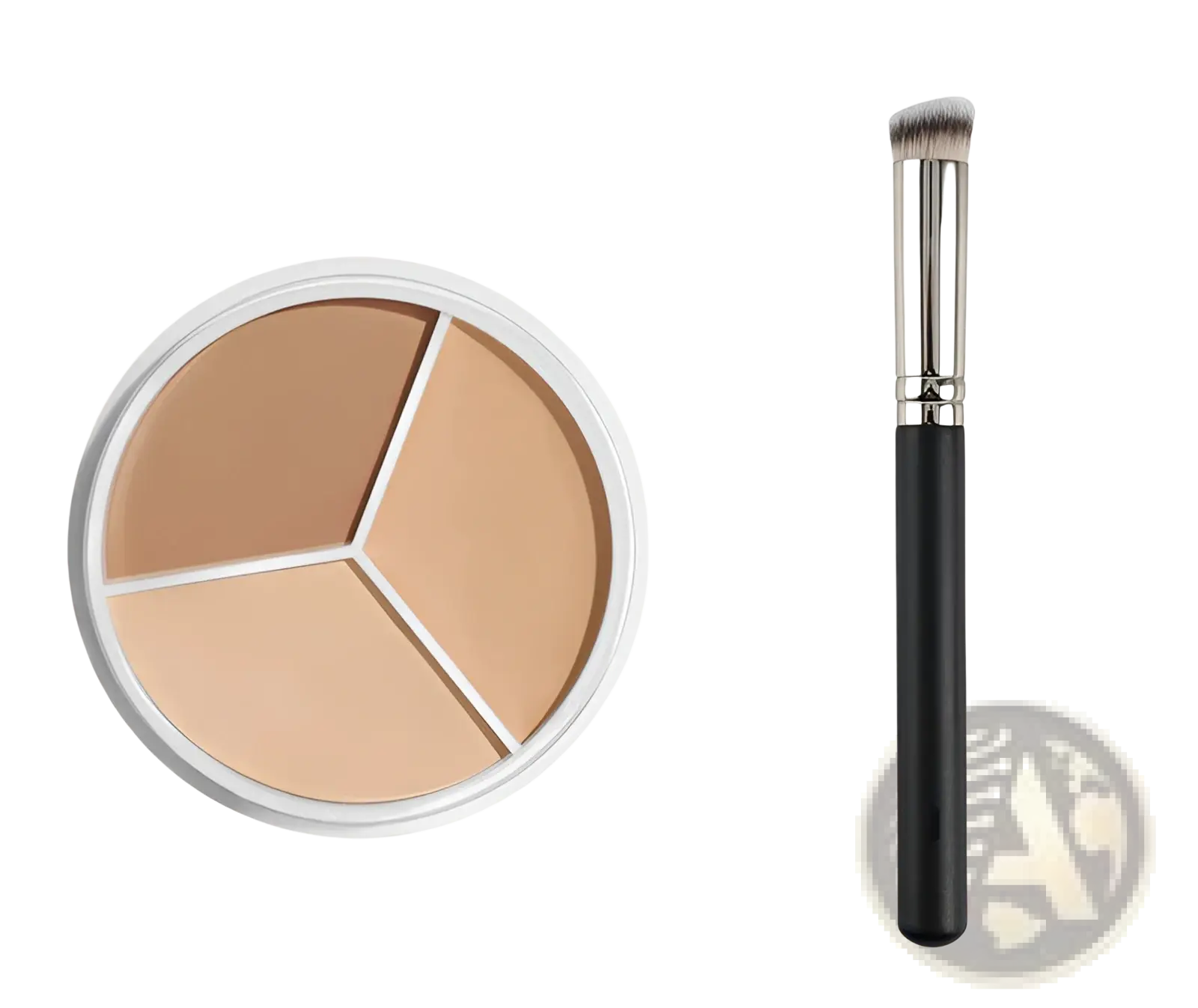 A round white-cased three-color concealer palette with three distinct beige shades and pro 270 brush for color correction