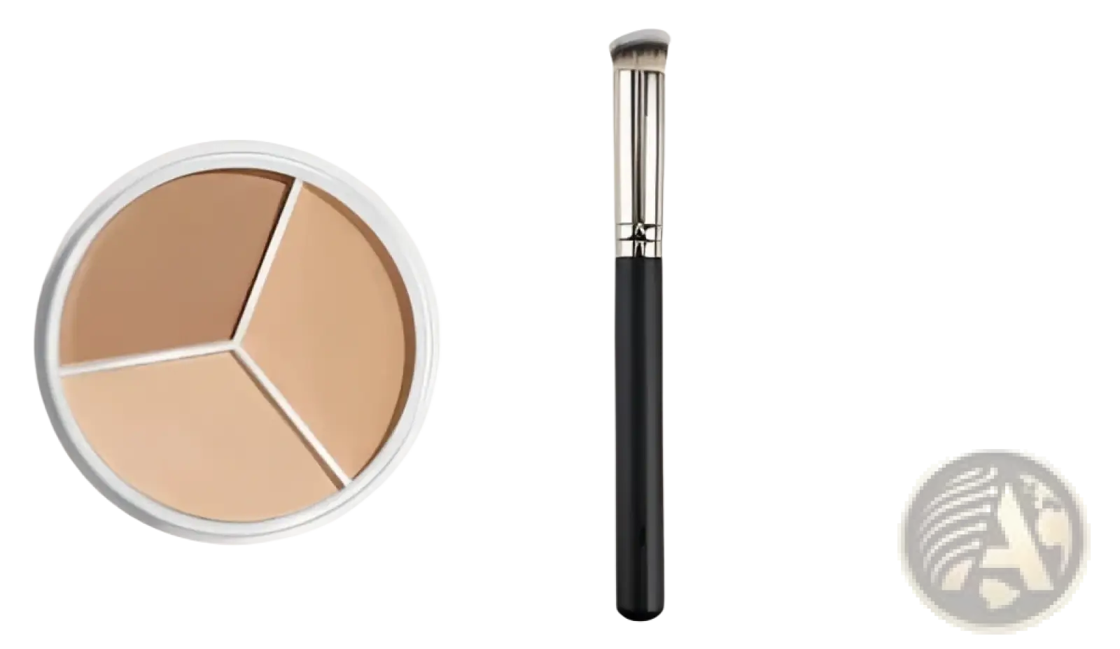 The three-color concealer palette with shades light beige medium tan dark brown and a sleek pro 270 brush