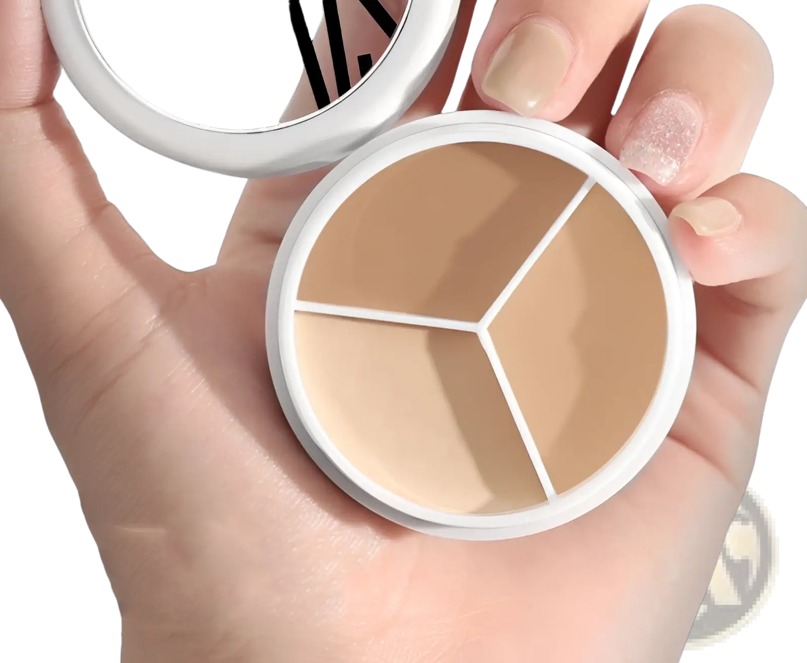 White round compact three-color concealer palette with three shade compartments for targeted coverage with pro 270 brush