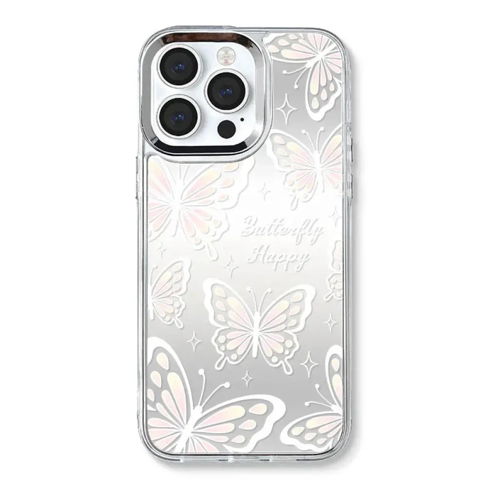Clear butterfly mirror iPhone 15 Pro Max protective case with embossed white butterflies and iridescent sheen on back side