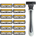 Black and gray ergonomic three layer blade razor with ten yellow razor blades replacement cartridges arranged beside it
