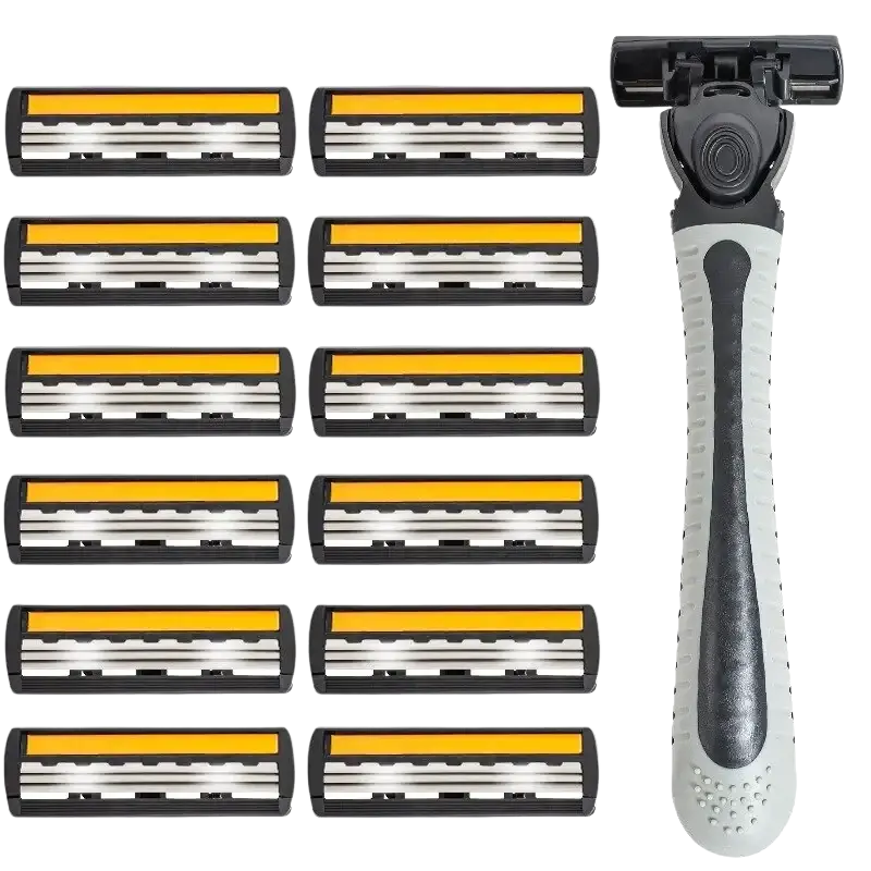 Black and gray ergonomic three layer blade razor with ten yellow razor blades replacement cartridges arranged beside it