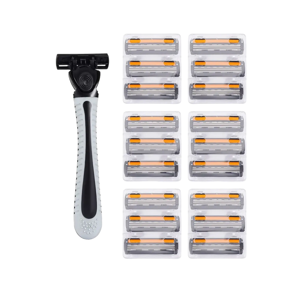 Black and gray ergonomic three layer blade razor with 12 replacement razor blades in clear plastic packs