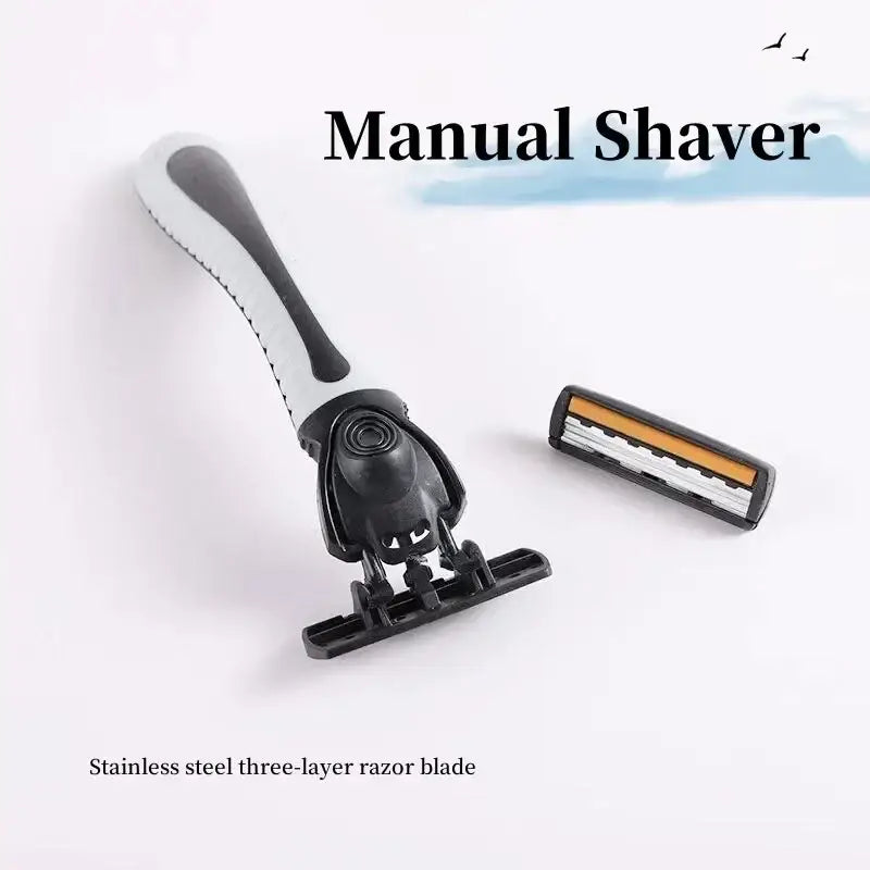 Black and white manual shaver with stainless steel three layer blade razor blades for smooth shaving replacement use