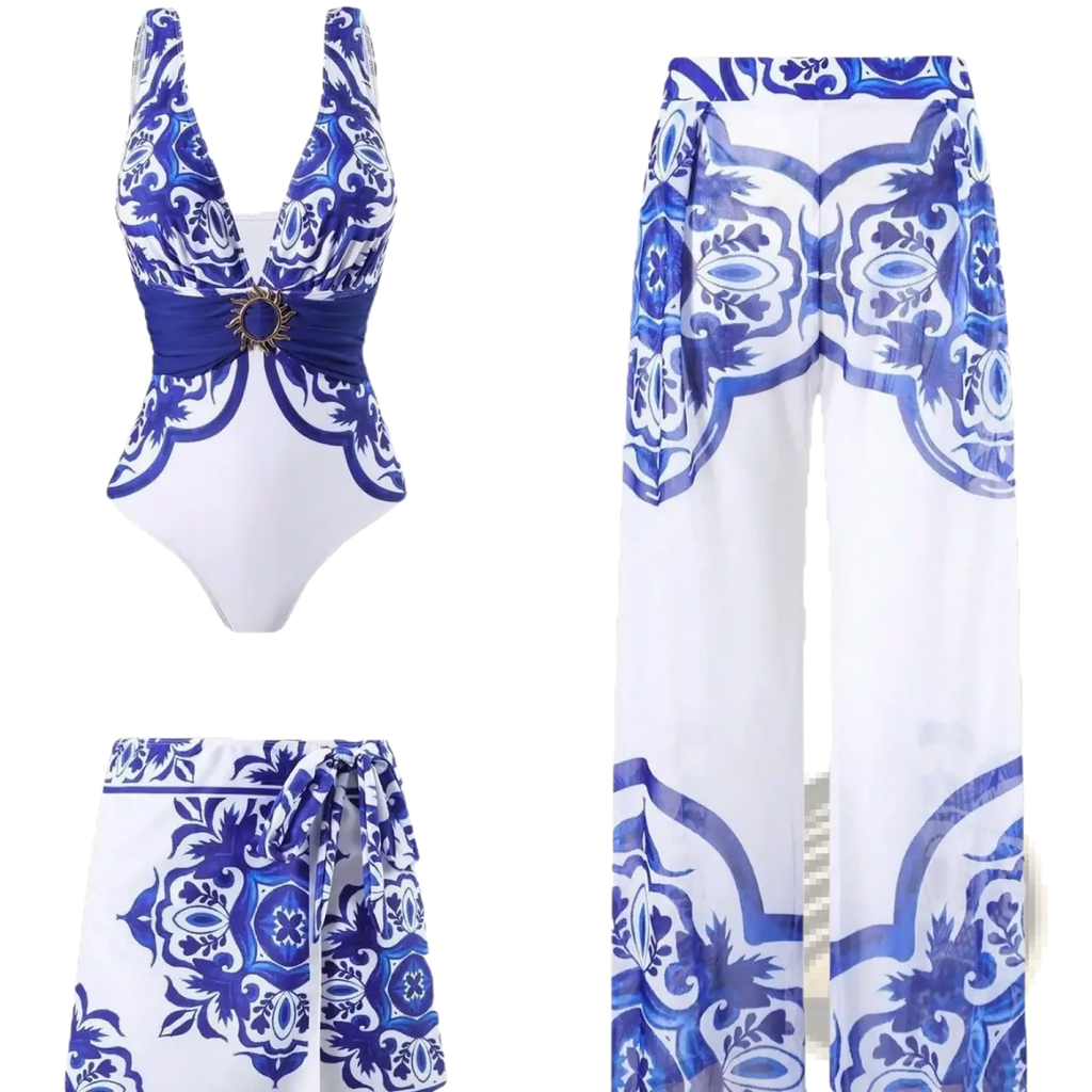 Blue and white patterned one-piece swimsuit with gold-toned circular buckle waist detail in three-piece set with pants