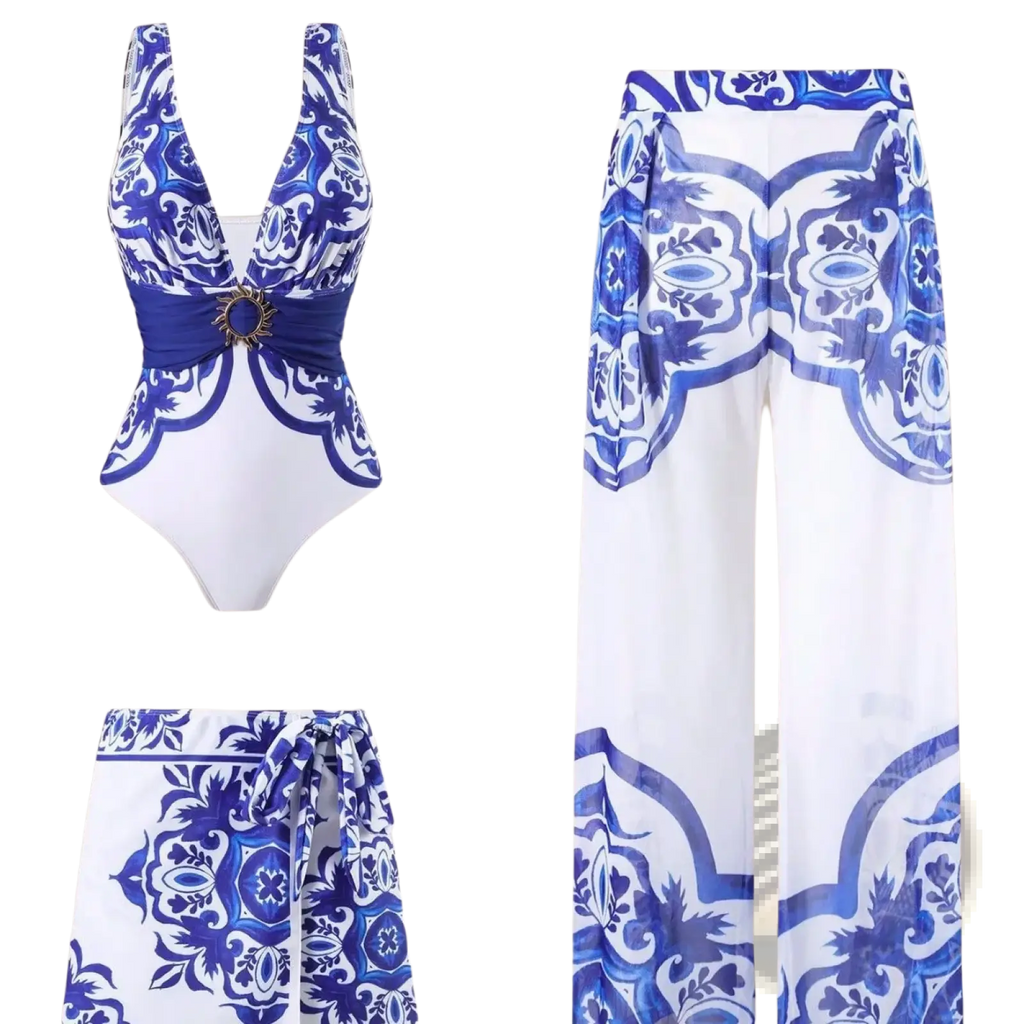 White and blue ceramic patterned three-piece swimsuit set with plunging neckline sash belt and matching wide-leg pants