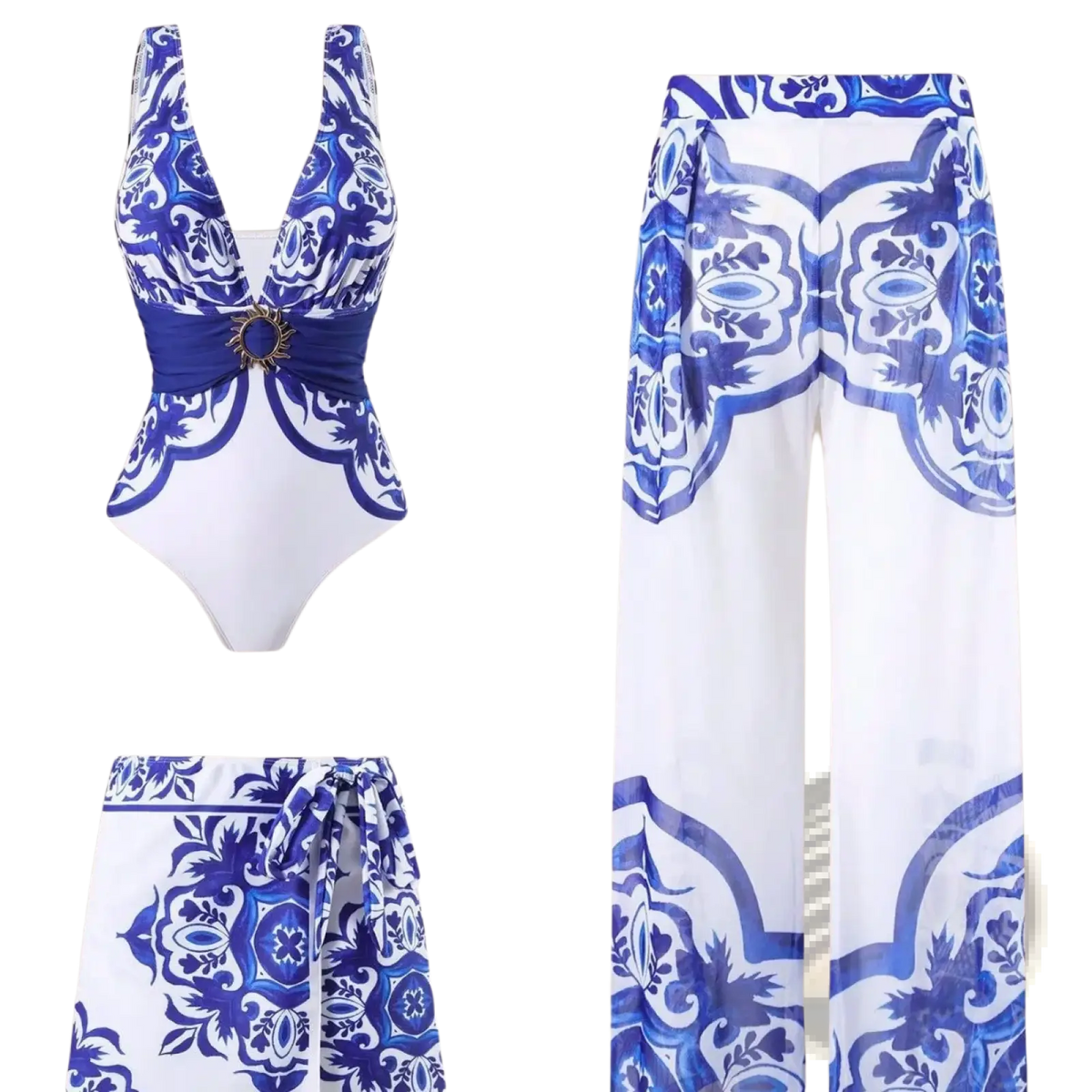 White and blue ceramic patterned three-piece swimsuit set with plunging neckline sash belt and matching wide-leg pants