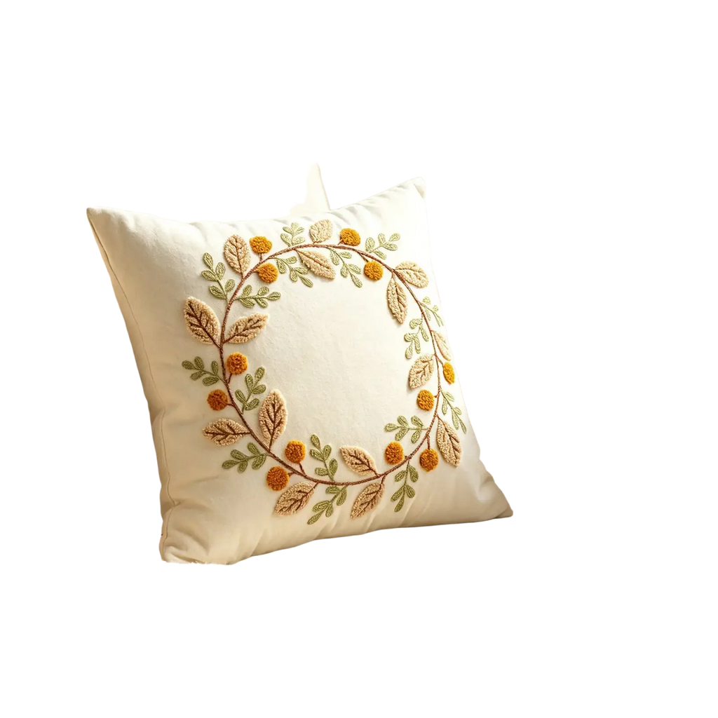 Cream-colored throw pillow cover with embroidered autumn wreath of golden-orange berries and beige-green leaves 45x45cm