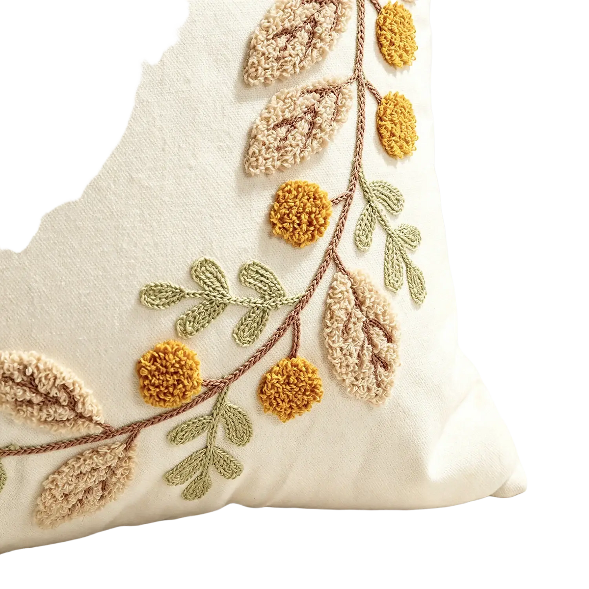 Cream-colored throw pillow cover with textured embroidered beige olive green and mustard yellow foliage 45x45cm