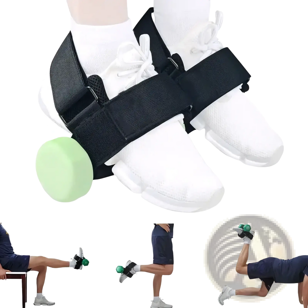 Black tibialis trainer ankle weight with light green spherical foam ball attached to adjustable strap for foot use
