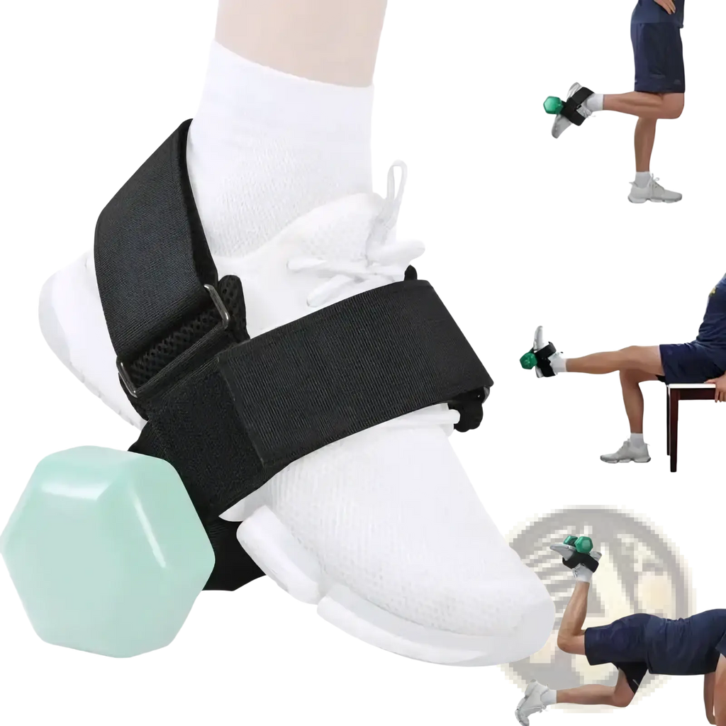 Black tibialis trainer ankle weight strap with mint green hexagonal dumbbell foot attachment shown from front side