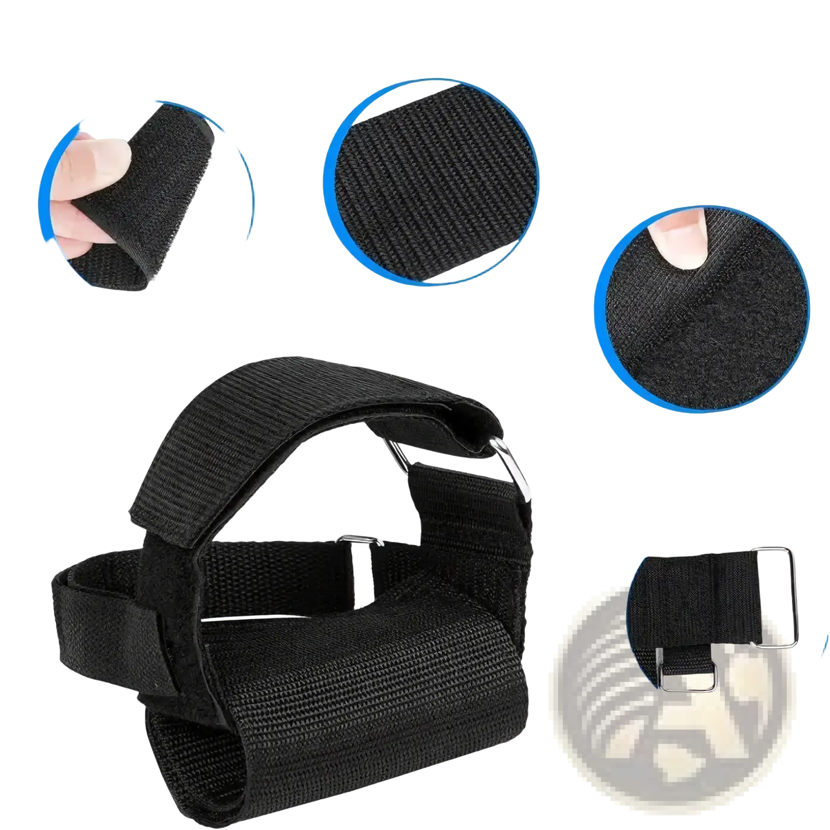 Black nylon wrist strap with metal buckle and hook for tibialis trainer dumbbell foot attachment ankle weight