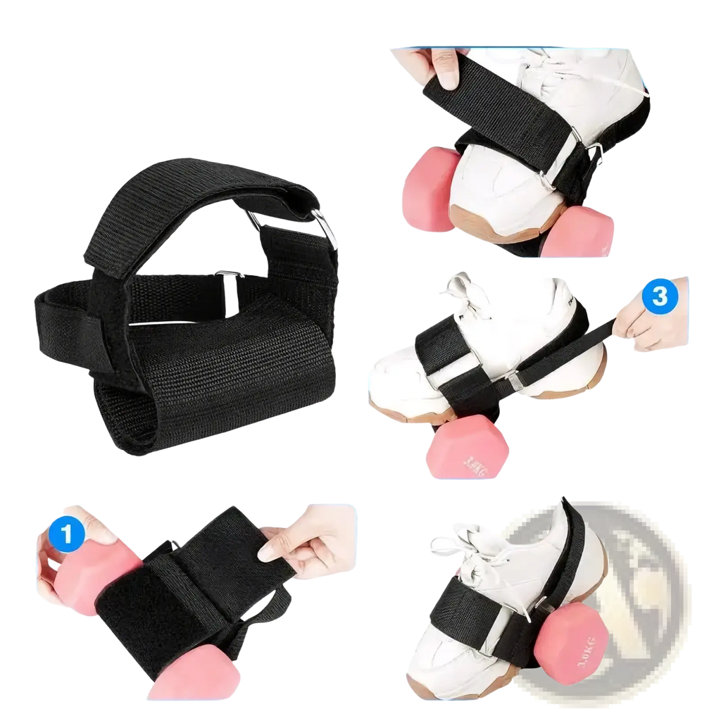 Black fabric tibialis trainer ankle weight strap with adjustable velcro closure and metal buckle for foot attachment