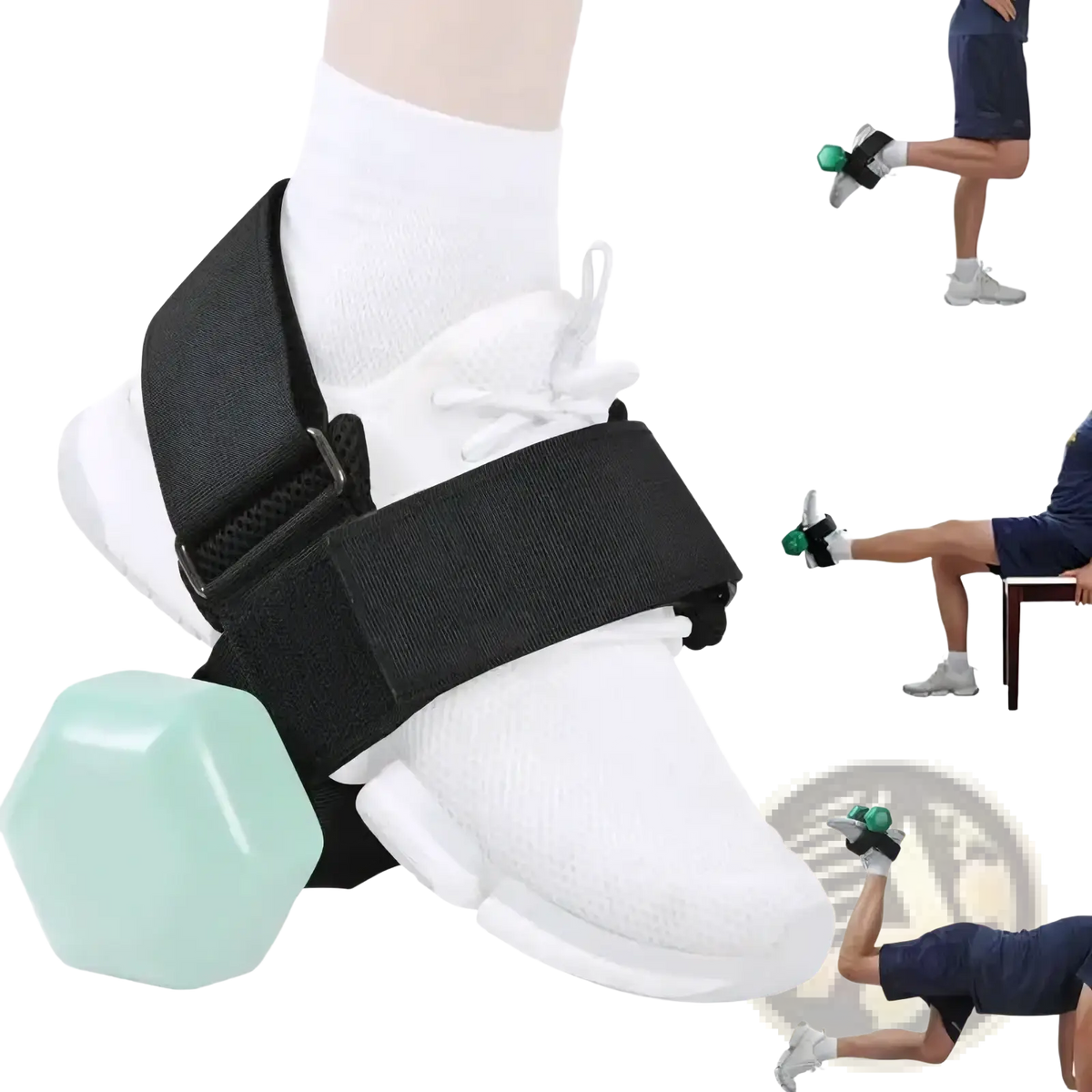 Black tibialis trainer ankle weight strap with mint green hexagonal dumbbell foot attachment for resistance training