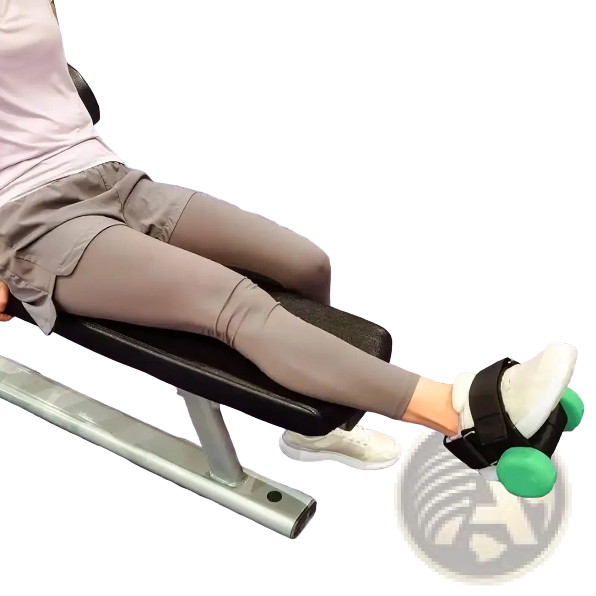 Green and black foot pedal exerciser with dumbbell foot attachment for tibialis trainer ankle weight use