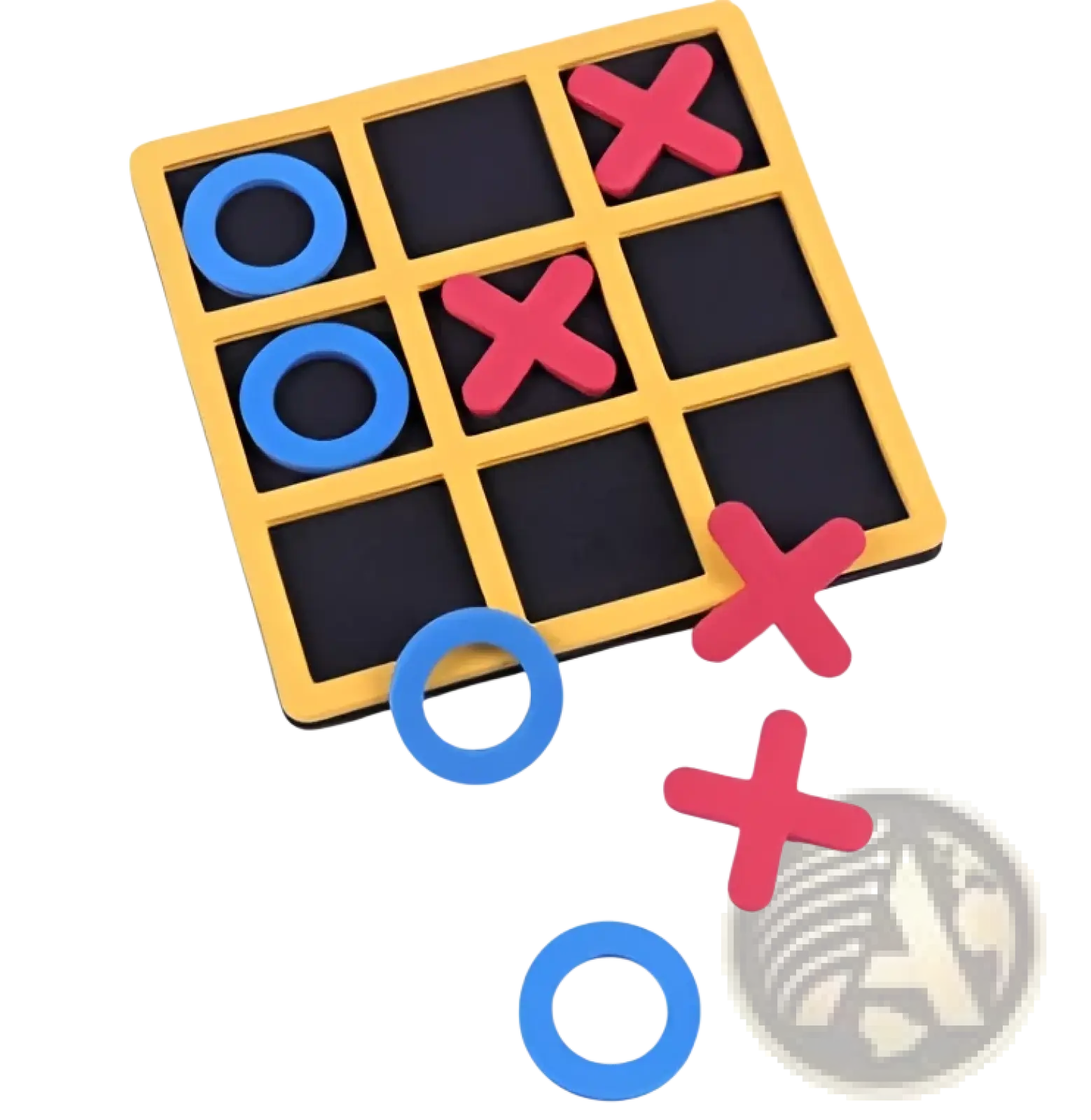 Tic-tac-toe wooden board game for kids and adults with a yellow plastic board and blue and red game pieces