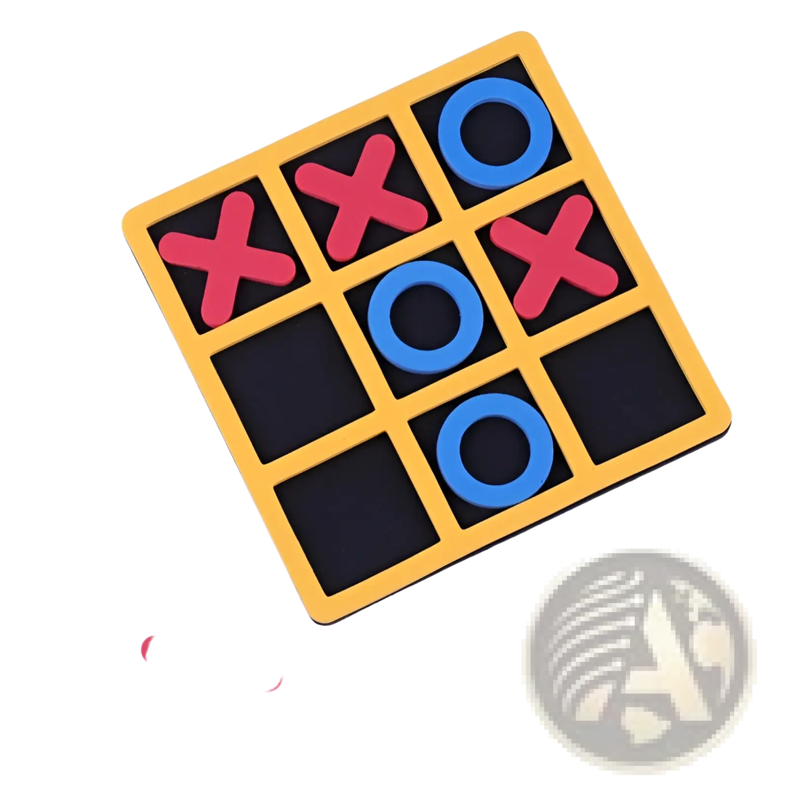 Yellow wooden tic-tac-toe board game for kids and adults with red and blue foam pieces for easy play