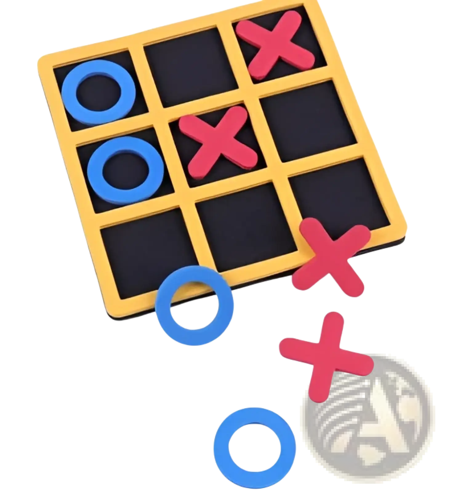 Yellow plastic tic-tac-toe board game for kids and adults with blue and red circular and cross-shaped pieces