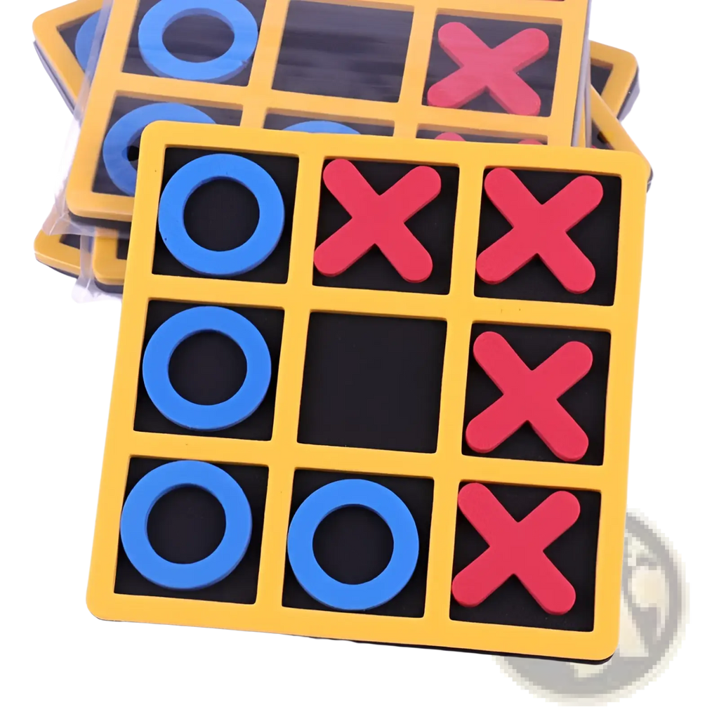Yellow wooden tic-tac-toe board game with blue and red foam pieces for kids and adults