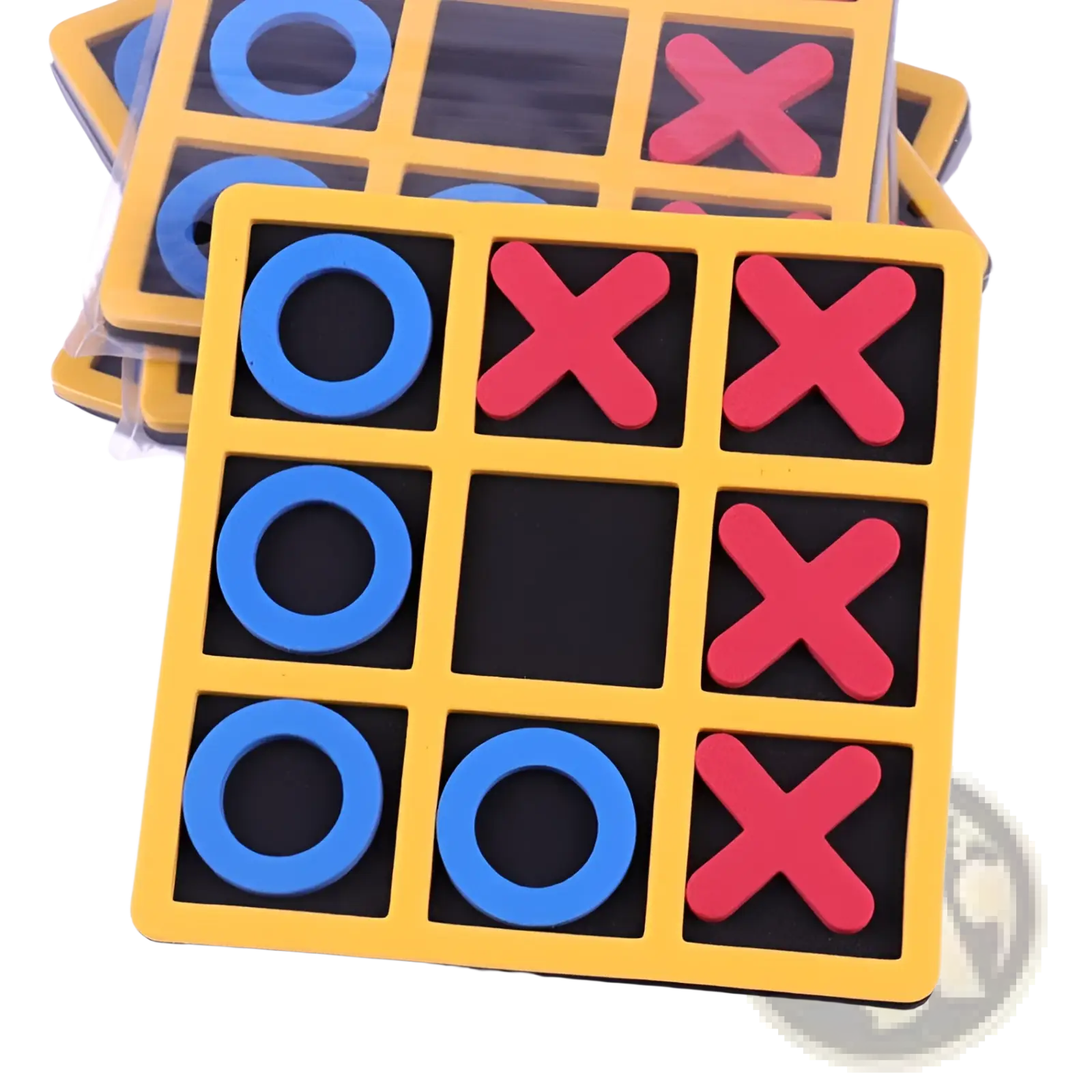 Yellow wooden tic-tac-toe board game with blue and red foam pieces for kids and adults