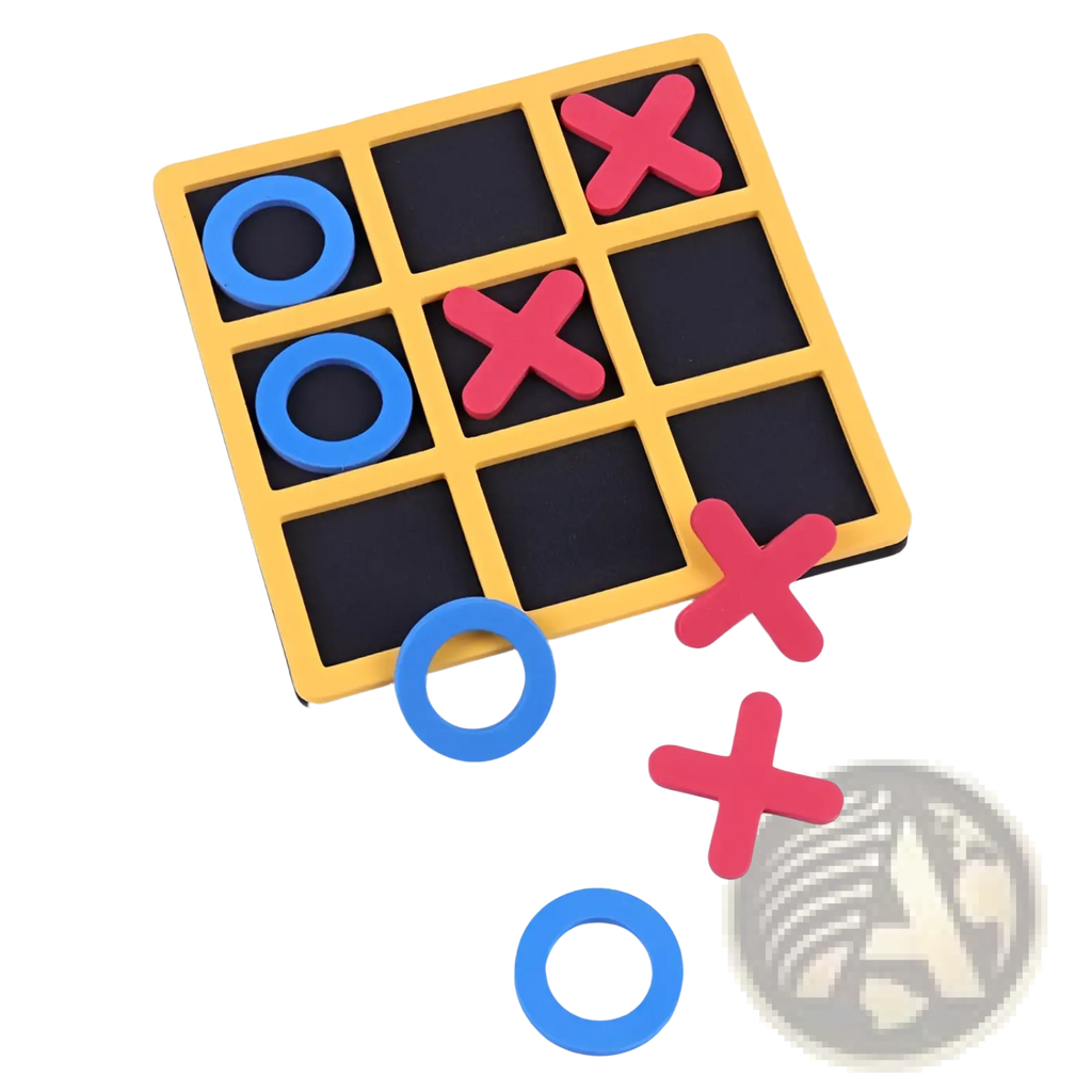 Yellow wooden tic-tac-toe board game for kids and adults with blue and red foam pieces for easy play